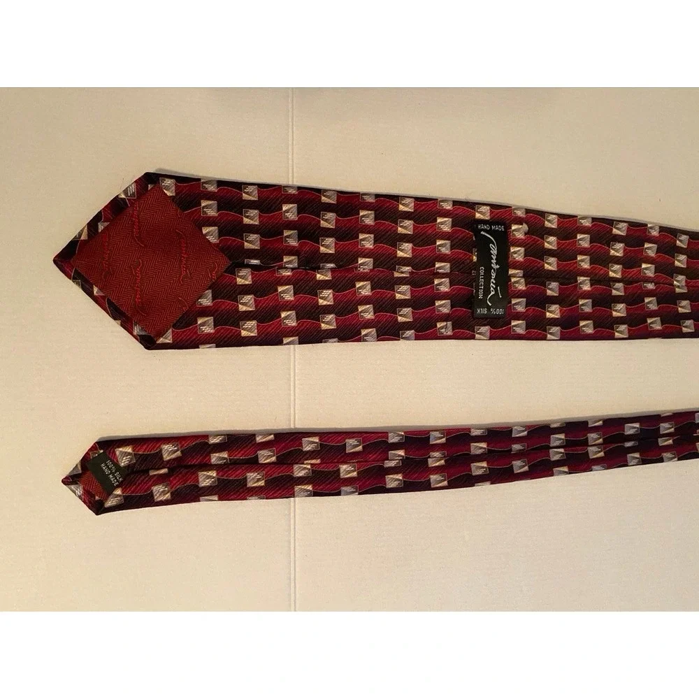 Antonia Collection Mens Silk‎ Tie Burgundy Black Geometric Square Pattern Hand